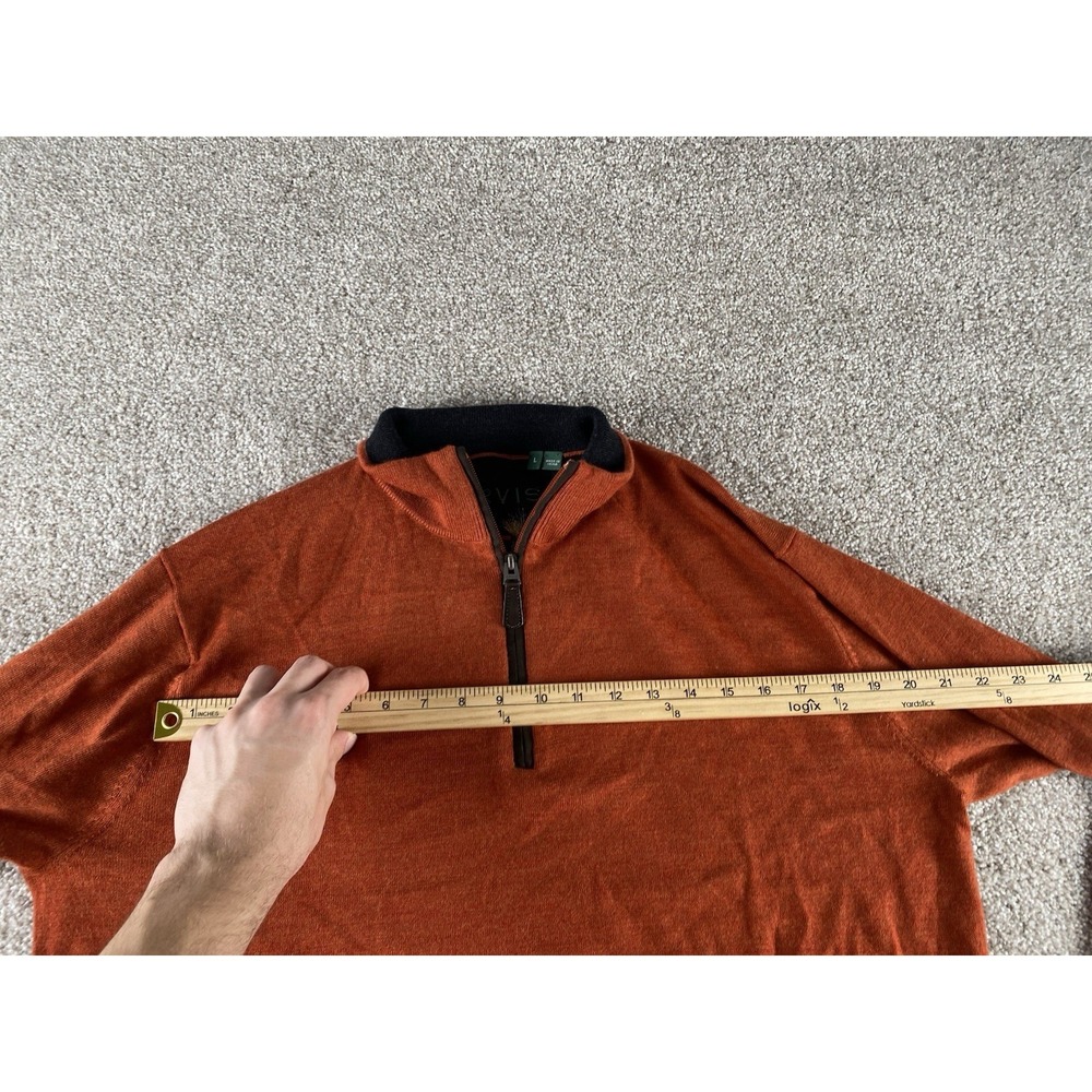 Orvis Sweater Mens Large Orange 100% Merino Wool Quarter Zip Leather Trim Preppy - Picture 6 of 8